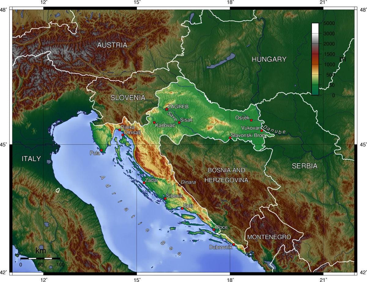 harta croației topografice 
